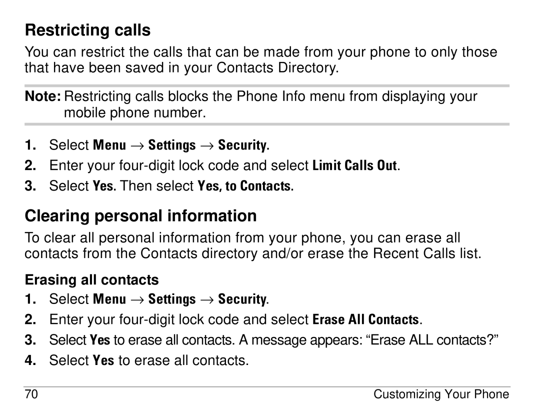 Kyocera S14 manual Restricting calls, Clearing personal information, Erasing all contacts 