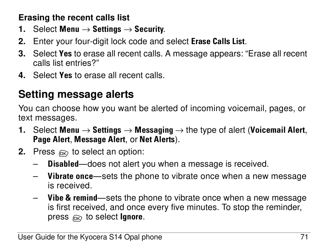 Kyocera S14 manual Setting message alerts, Erasing the recent calls list 