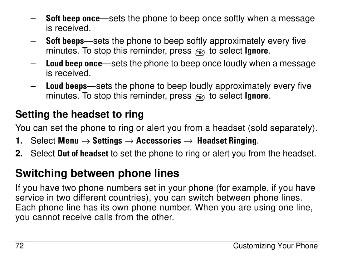 Kyocera S14 manual Switching between phone lines, Setting the headset to ring 