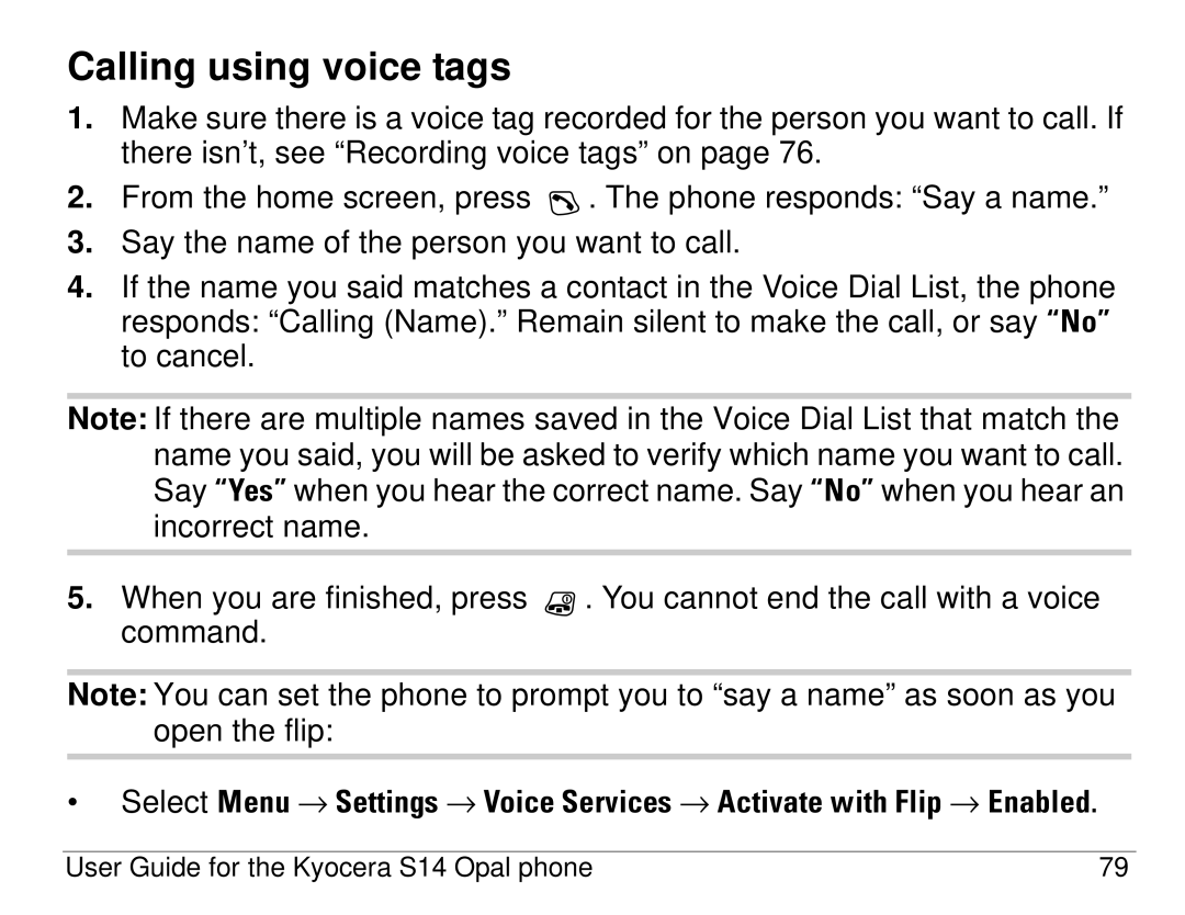 Kyocera S14 manual Calling using voice tags 