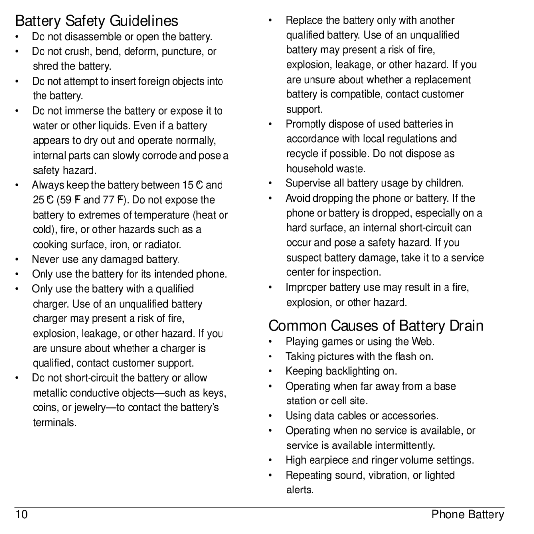 Kyocera S2100 manual Battery Safety Guidelines, Common Causes of Battery Drain, Never use any damaged battery 