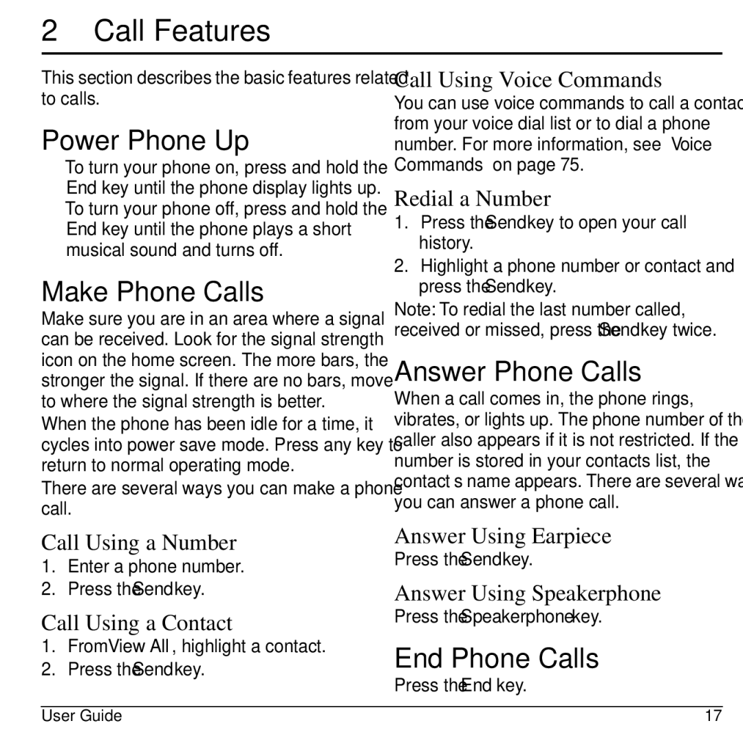 Kyocera S2100 manual Call Features, Power Phone Up, Make Phone Calls, Answer Phone Calls, End Phone Calls 