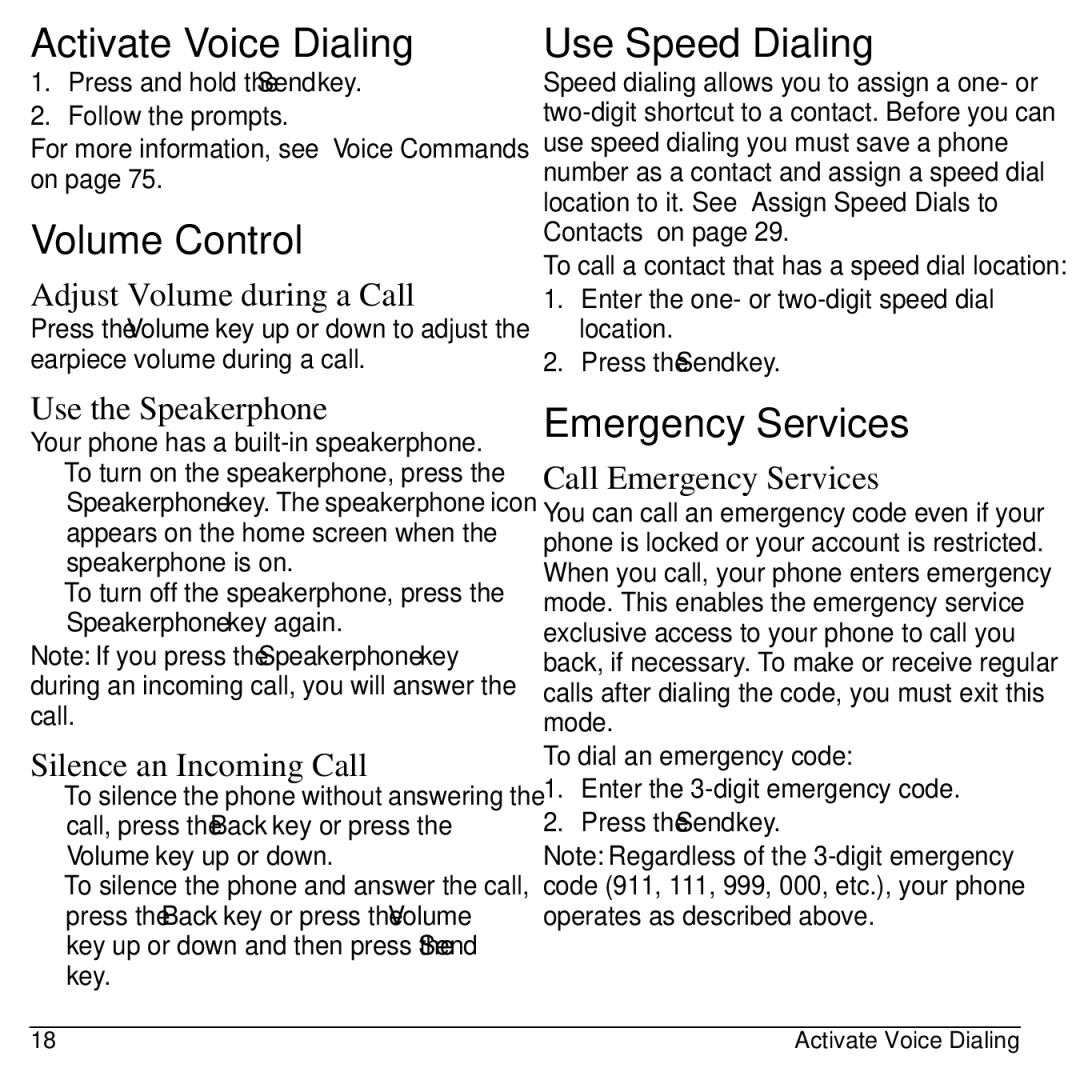Kyocera S2100 manual Activate Voice Dialing, Volume Control, Use Speed Dialing, Emergency Services 