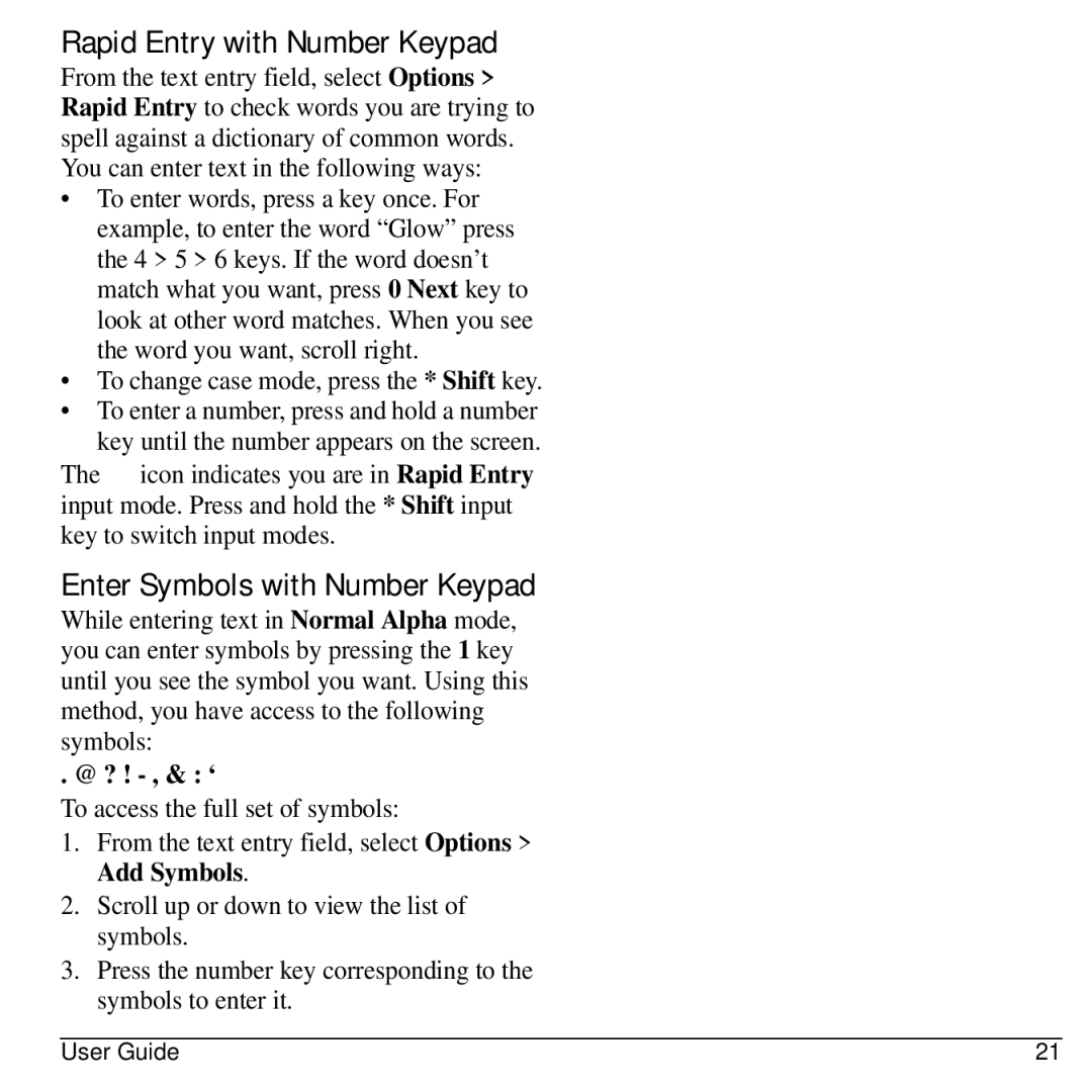 Kyocera S2100 Rapid Entry with Number Keypad, Enter Symbols with Number Keypad, To change case mode, press the * Shift key 