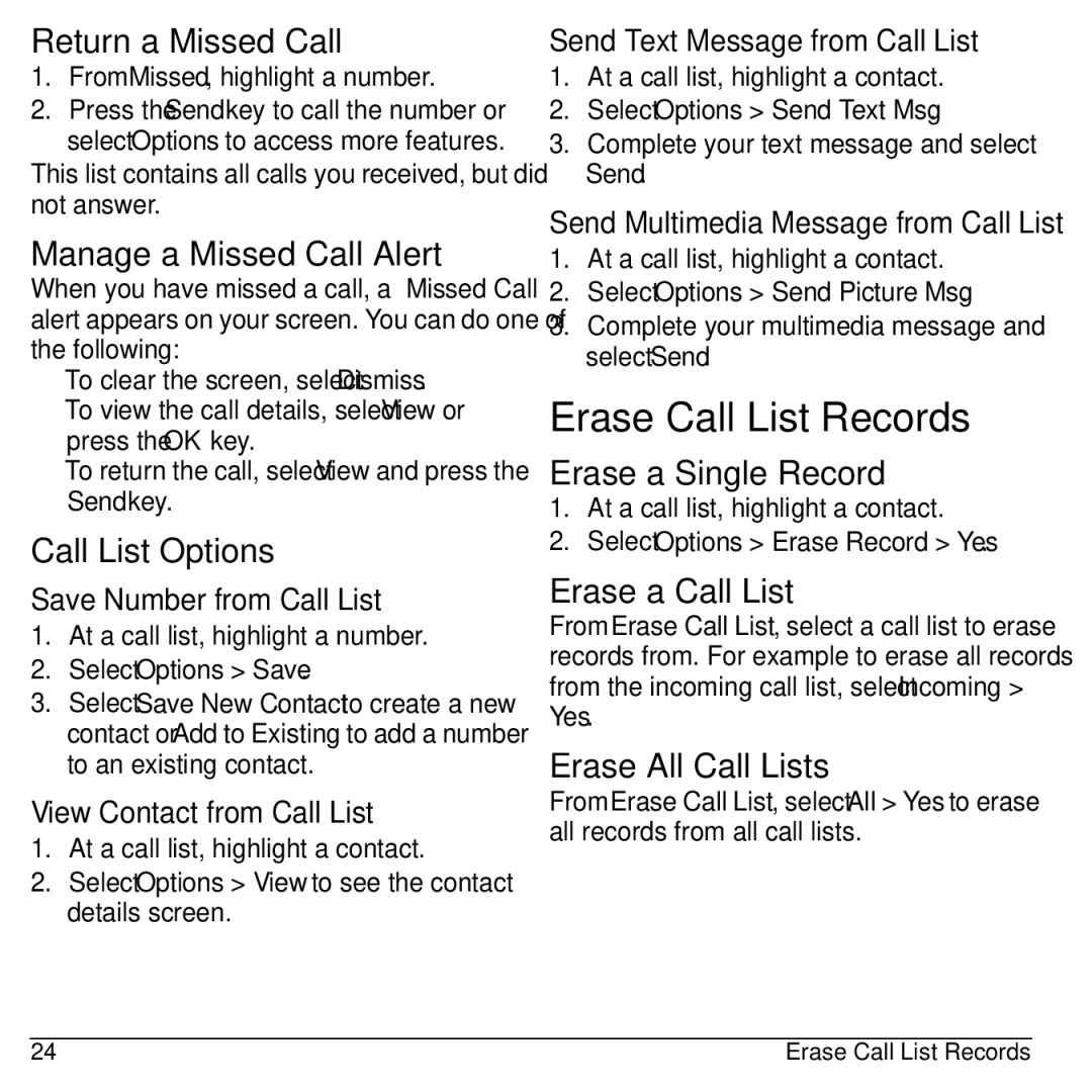 Kyocera S2100 manual Erase Call List Records 