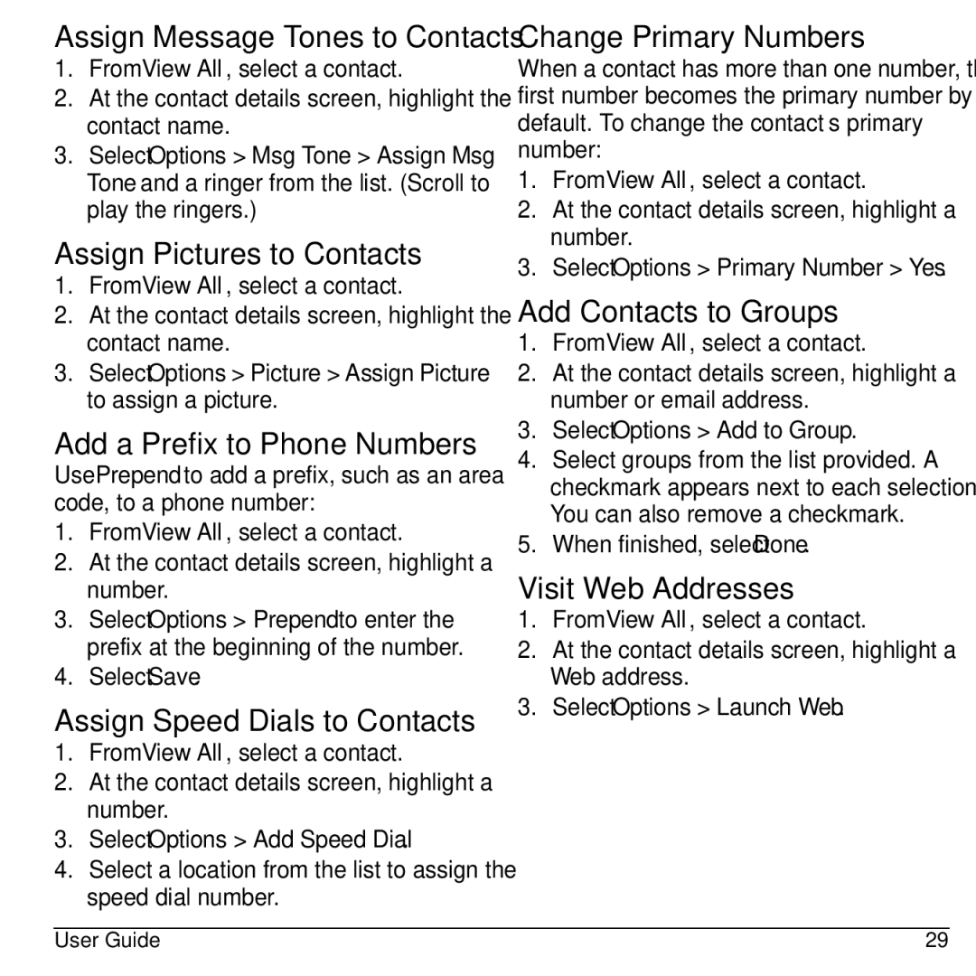 Kyocera S2100 manual Assign Message Tones to Contacts, Assign Pictures to Contacts, Add a Prefix to Phone Numbers 