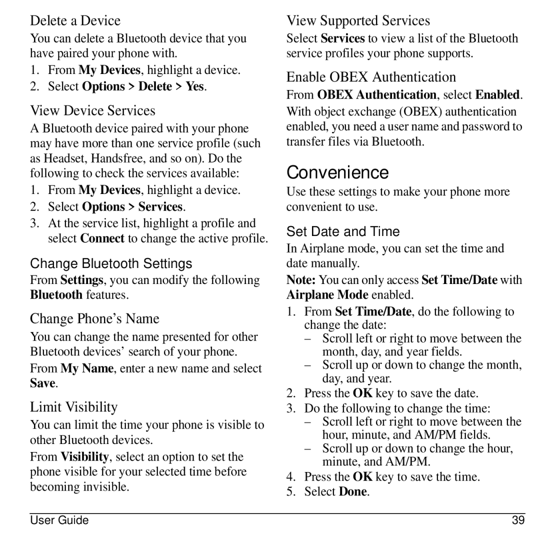 Kyocera S2100 manual Convenience, Change Bluetooth Settings, Set Date and Time 