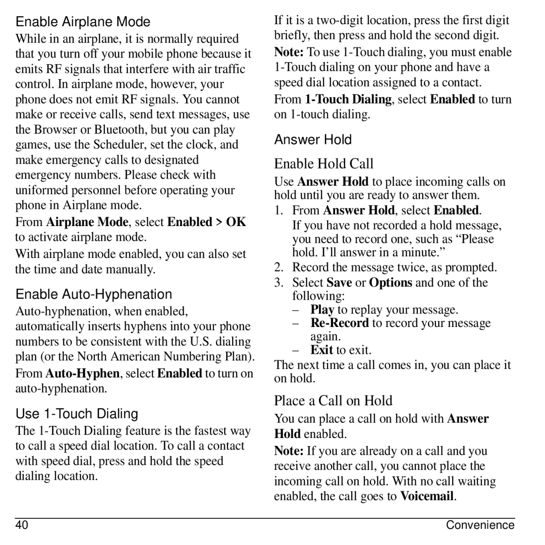 Kyocera S2100 manual Enable Airplane Mode, Enable Auto-Hyphenation, Use 1-Touch Dialing, Answer Hold 