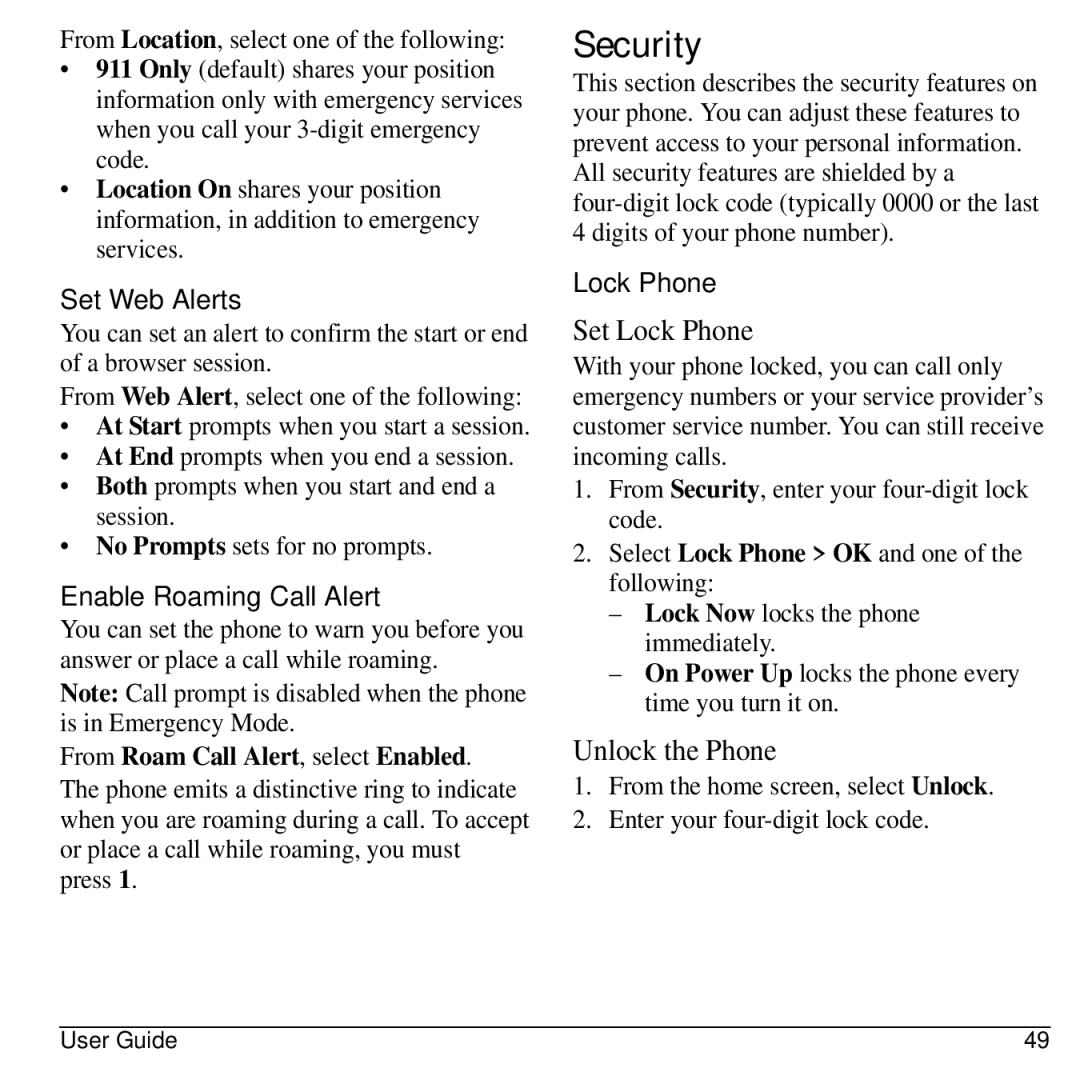 Kyocera S2100 manual Security, Set Web Alerts, Enable Roaming Call Alert, Lock Phone 