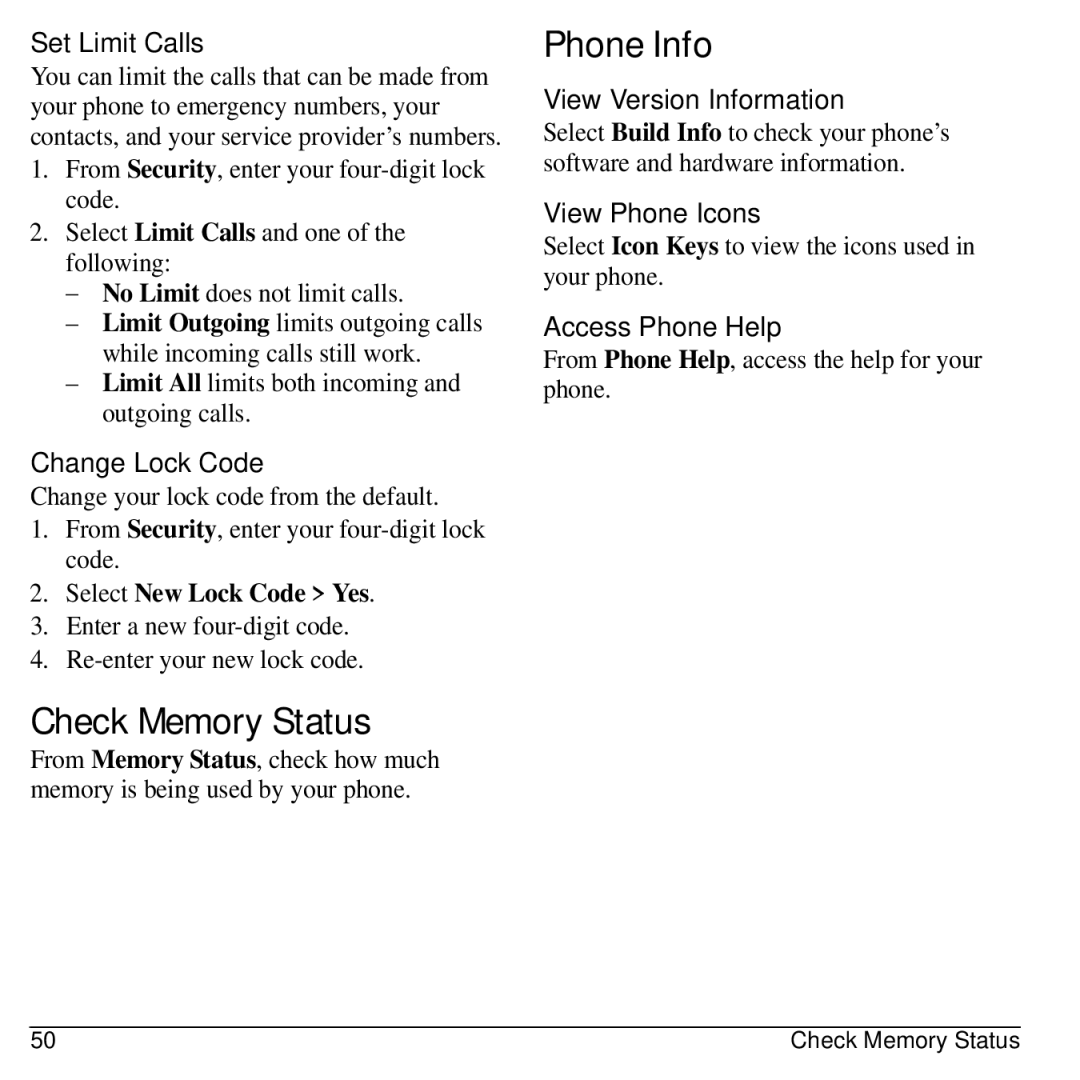 Kyocera S2100 manual Check Memory Status, Phone Info 