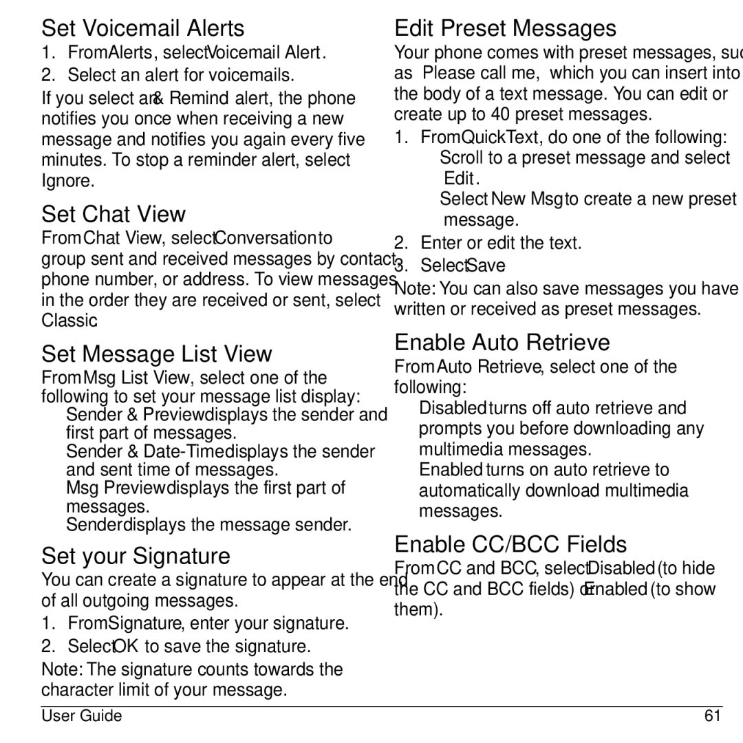 Kyocera S2100 manual Set Voicemail Alerts, Set Chat View, Set Message List View, Set your Signature, Edit Preset Messages 