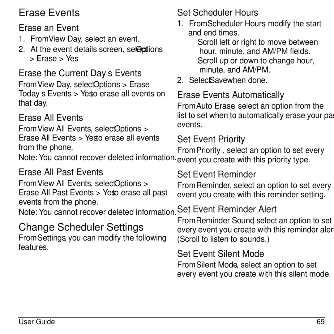 Kyocera S2100 manual Erase Events, Change Scheduler Settings 