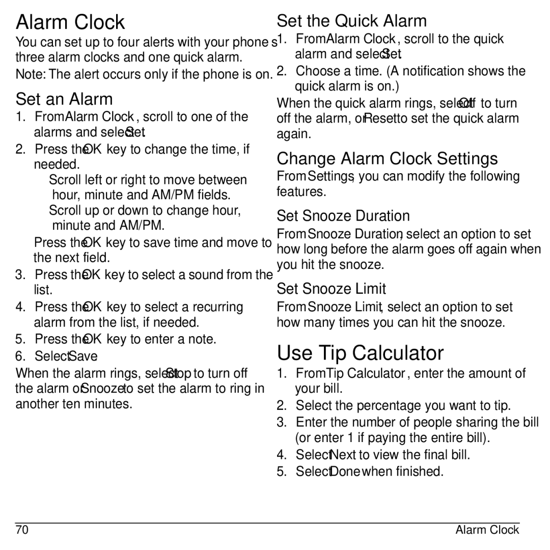 Kyocera S2100 manual Use Tip Calculator, Set an Alarm, Set the Quick Alarm, Change Alarm Clock Settings 