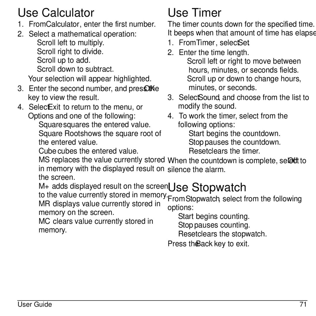 Kyocera S2100 manual Use Calculator, Use Timer, Use Stopwatch, From Timer, select Set Enter the time length 