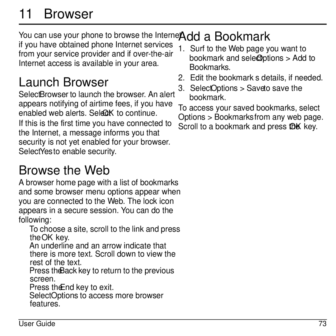 Kyocera S2100 manual Launch Browser, Browse the Web, Add a Bookmark, Select Options Save to save the bookmark 