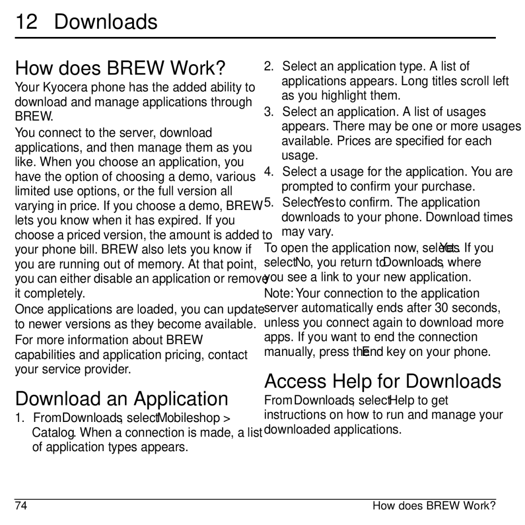 Kyocera S2100 manual How does Brew Work?, Download an Application, Access Help for Downloads 