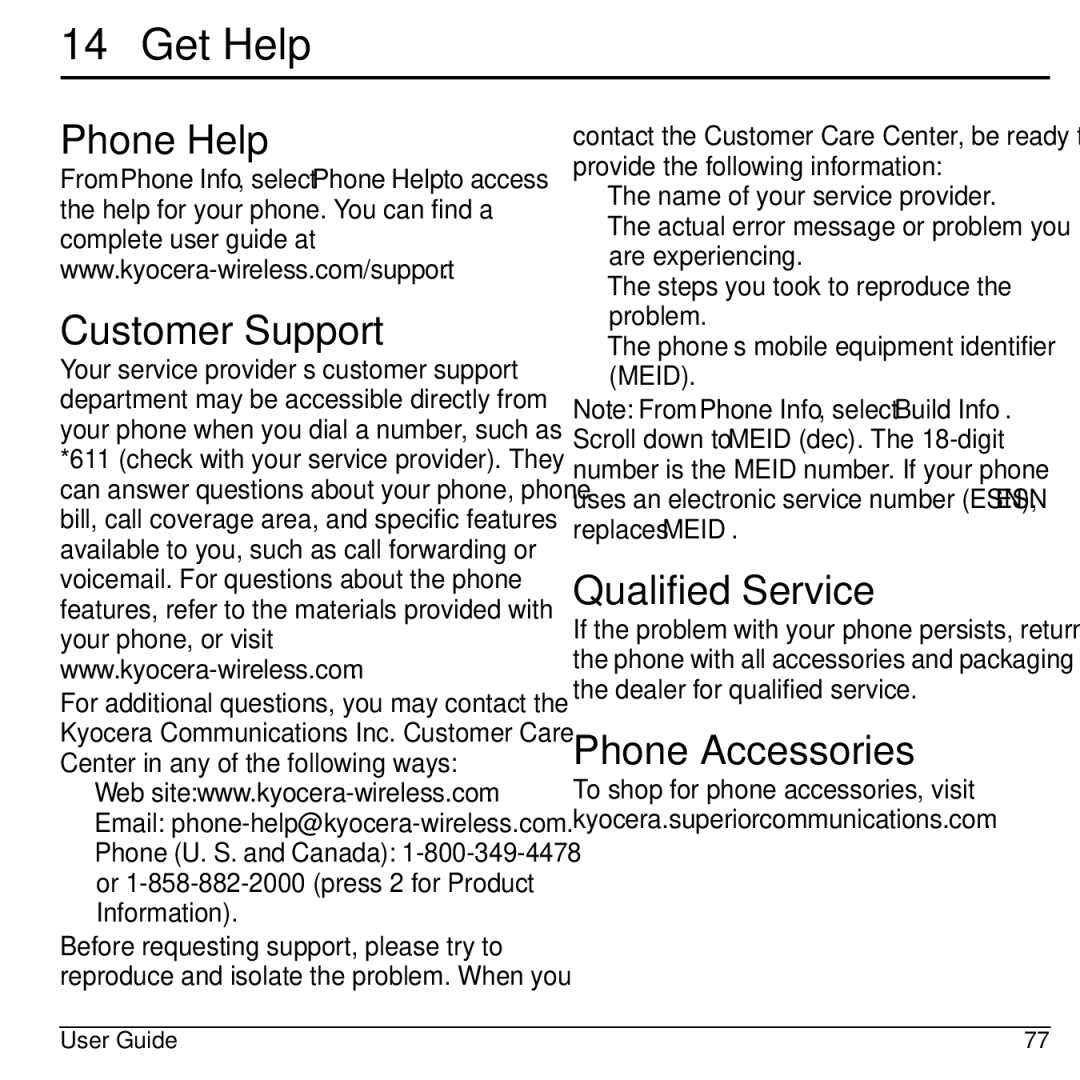 Kyocera S2100 manual Get Help, Phone Help Customer Support, Qualified Service, Phone Accessories 