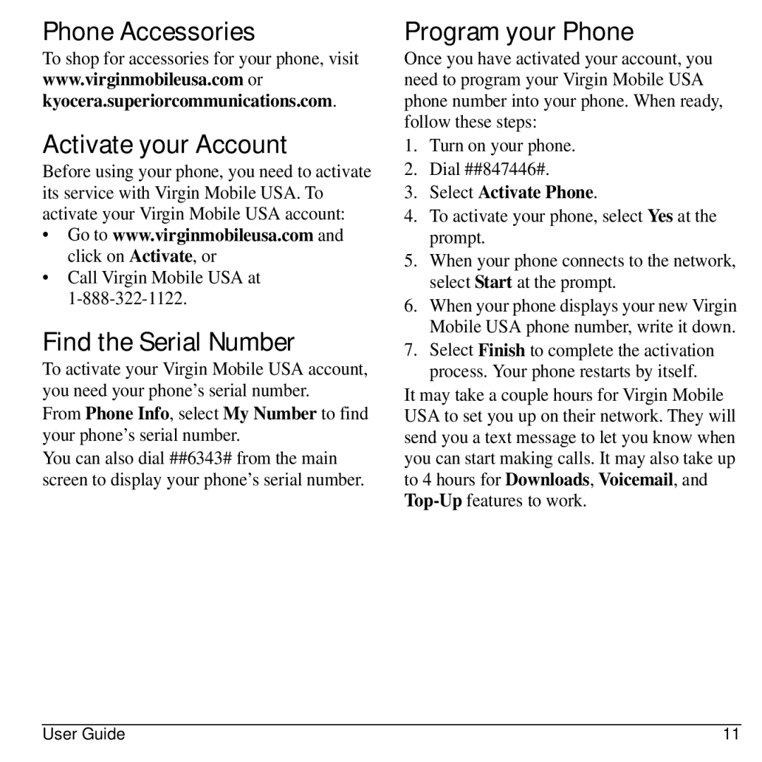 Kyocera S2300 Phone Accessories Activate your Account, Find the Serial Number, Program your Phone, Select Activate Phone 