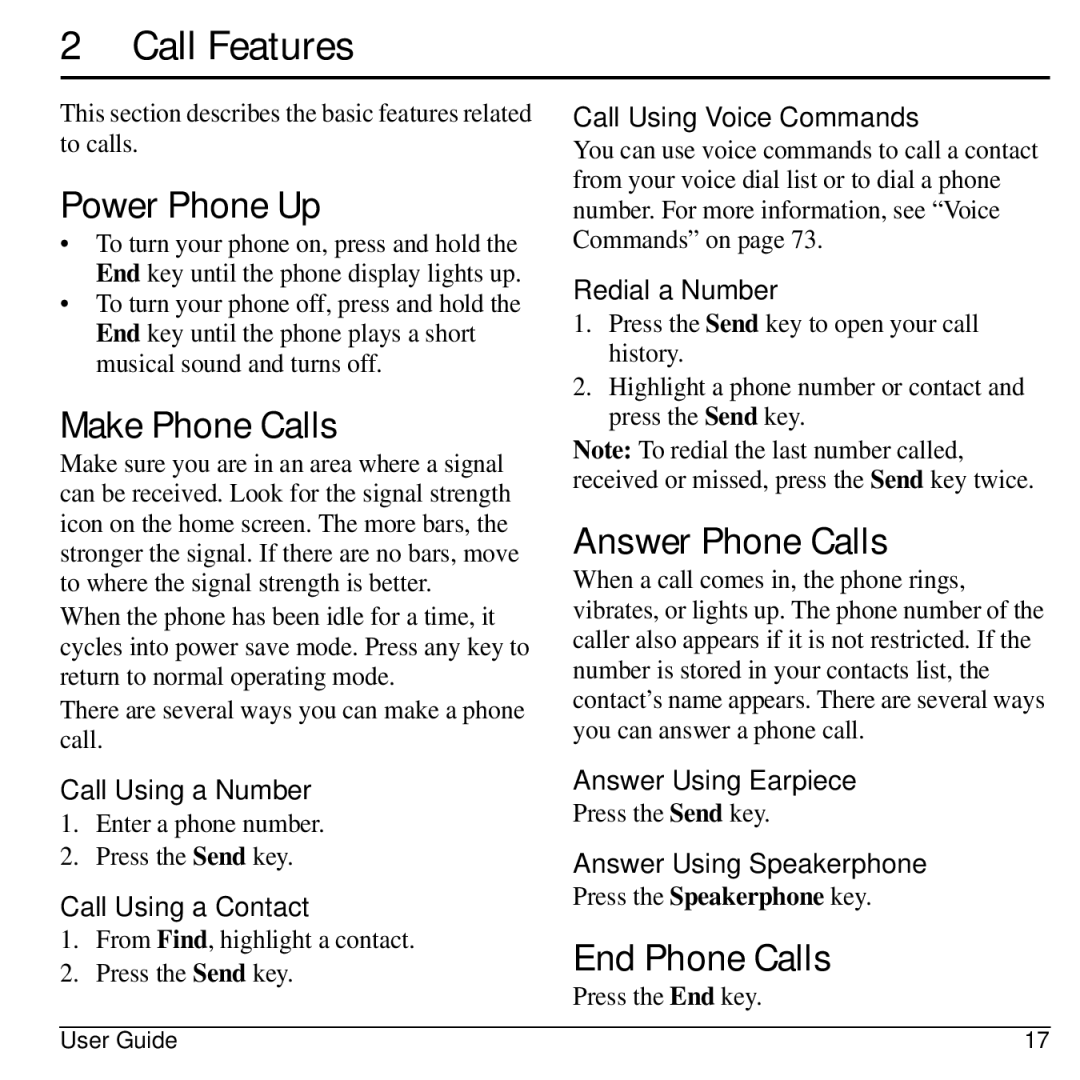 Kyocera S2300 manual Call Features, Power Phone Up, Make Phone Calls, Answer Phone Calls, End Phone Calls 