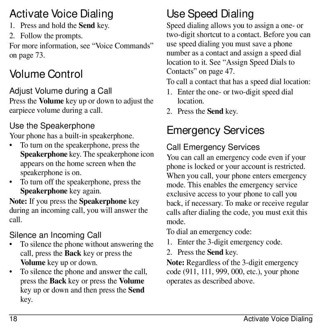 Kyocera S2300 manual Activate Voice Dialing, Volume Control, Use Speed Dialing, Emergency Services 
