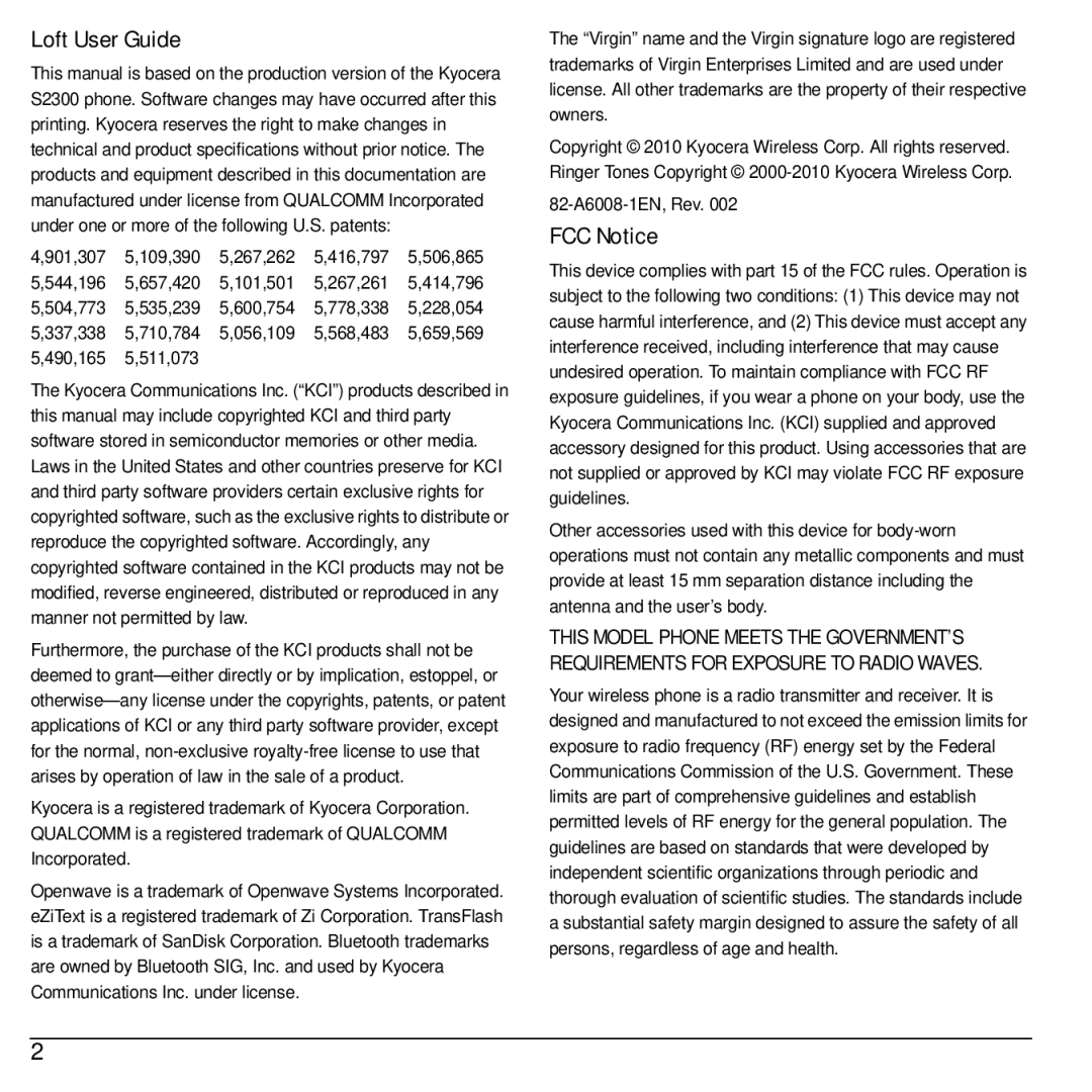 Kyocera S2300 manual Loft User Guide 