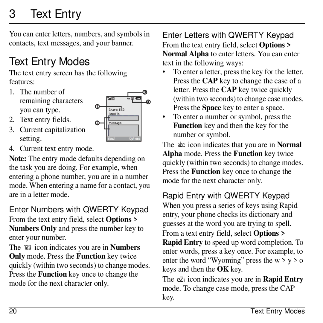 Kyocera S2300 manual Text Entry Modes, Enter Numbers with Qwerty Keypad, Enter Letters with Qwerty Keypad 