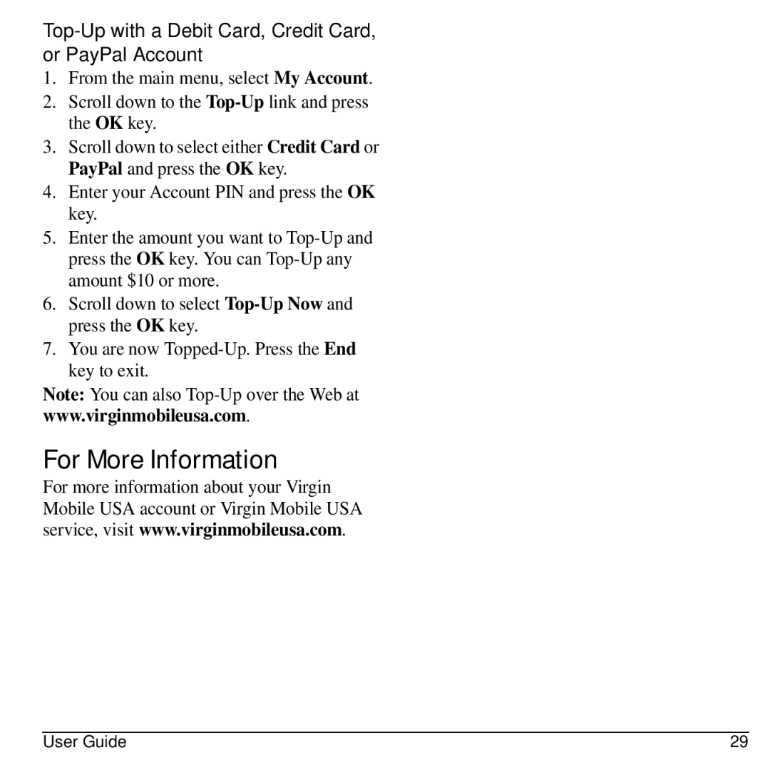 Kyocera S2300 manual For More Information, Top-Up with a Debit Card, Credit Card, or PayPal Account 