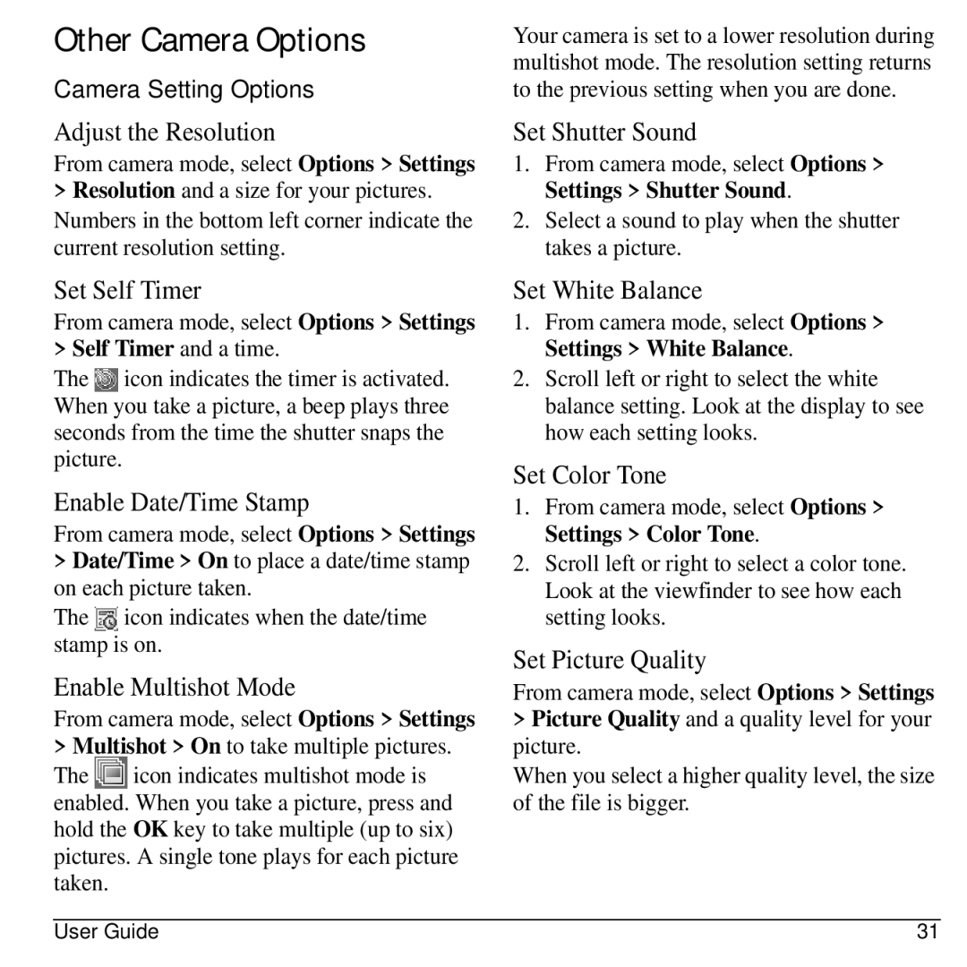 Kyocera S2300 manual Other Camera Options, Camera Setting Options 