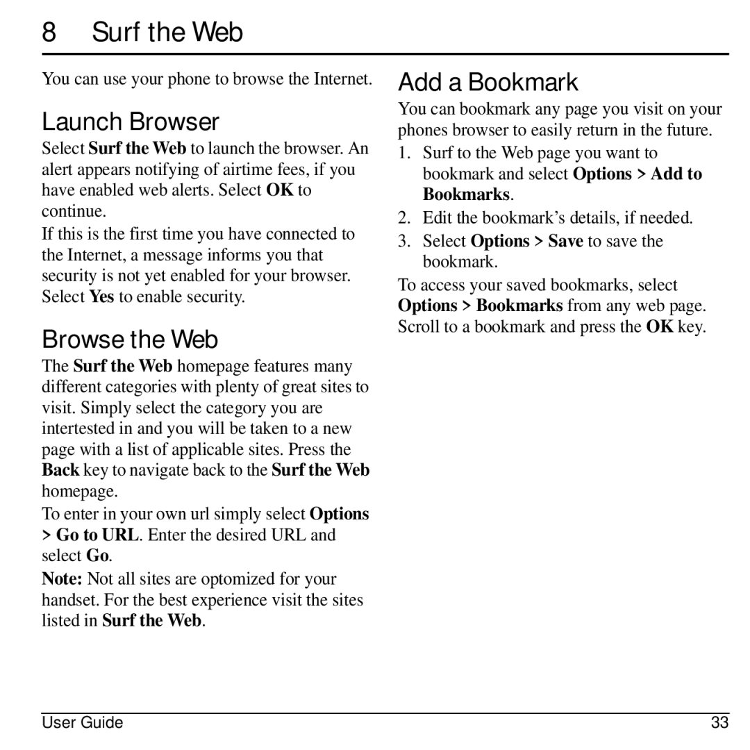Kyocera S2300 manual Surf the Web, Launch Browser, Browse the Web, Add a Bookmark, Select Options Save to save the bookmark 