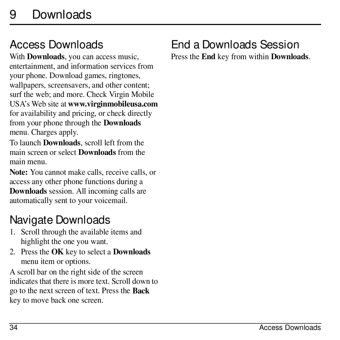 Kyocera S2300 Access Downloads, Navigate Downloads, End a Downloads Session, Press the End key from within Downloads 