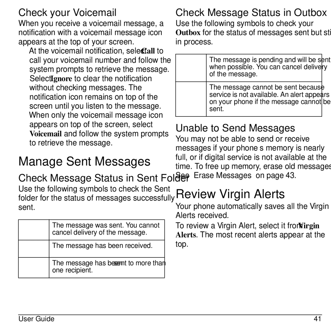 Kyocera S2300 manual Manage Sent Messages, Review Virgin Alerts 