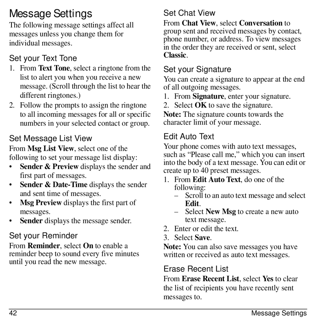 Kyocera S2300 manual Message Settings 