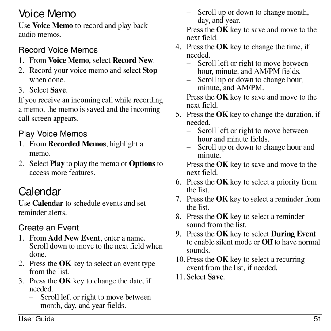 Kyocera S2300 manual Calendar, Record Voice Memos, Play Voice Memos, Create an Event 