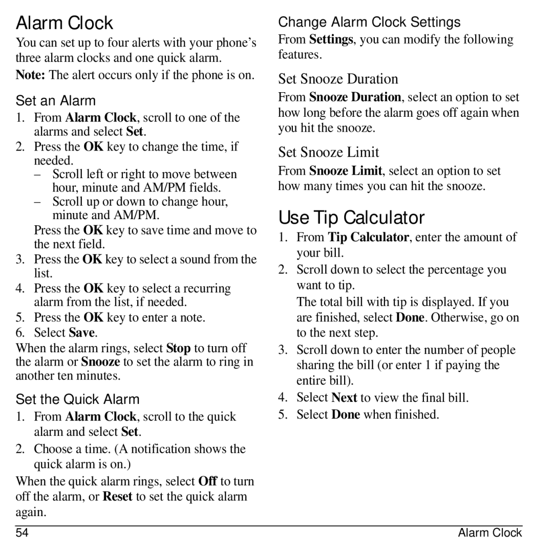 Kyocera S2300 manual Use Tip Calculator, Set an Alarm, Set the Quick Alarm, Change Alarm Clock Settings 