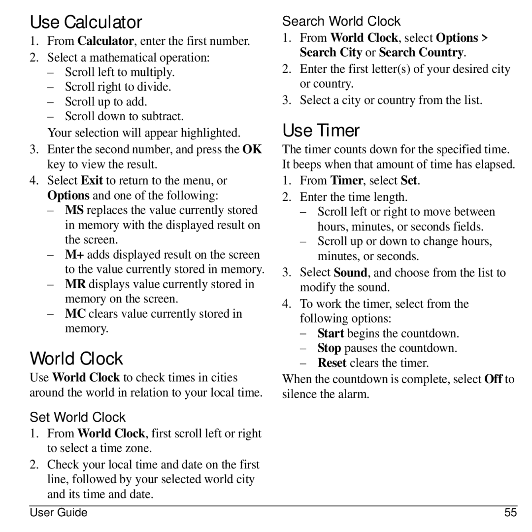 Kyocera S2300 manual Use Calculator, Use Timer, Set World Clock, Search World Clock 
