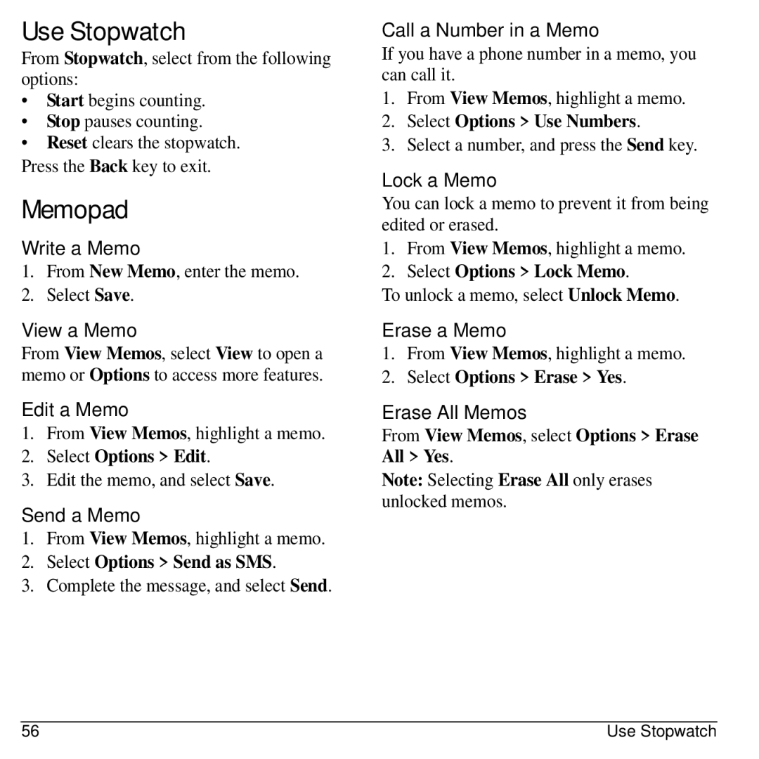 Kyocera S2300 manual Use Stopwatch, Memopad 