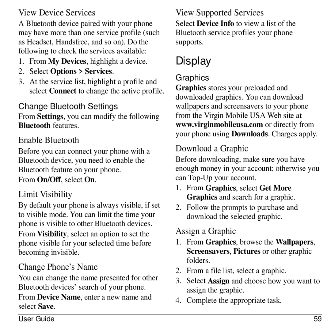 Kyocera S2300 manual Display, Change Bluetooth Settings, Graphics 