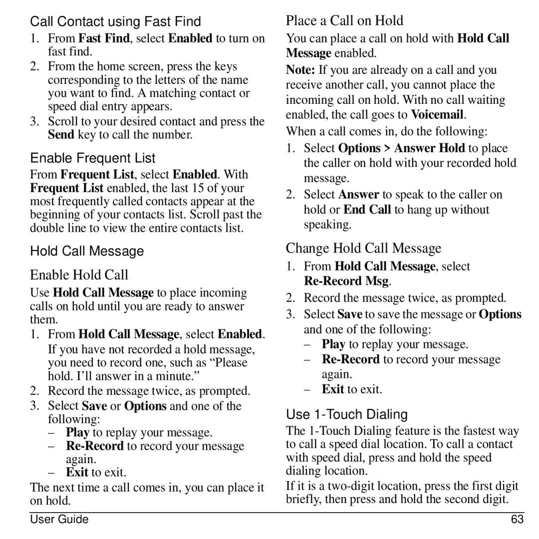 Kyocera S2300 manual Call Contact using Fast Find, Enable Frequent List, Hold Call Message, Use 1-Touch Dialing 