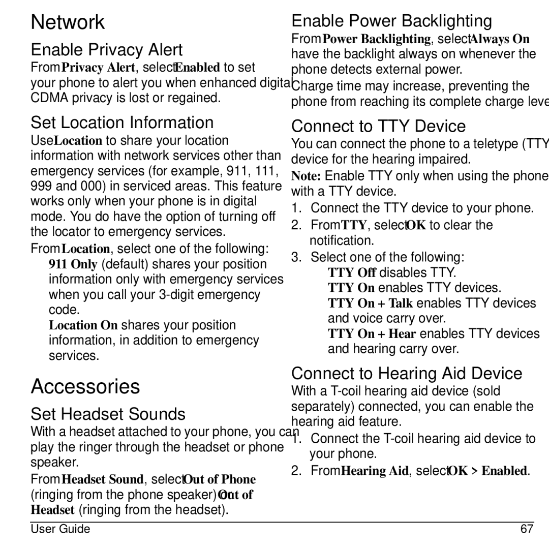 Kyocera S2300 manual Network, Accessories 