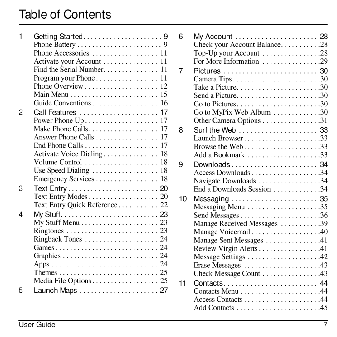 Kyocera S2300 manual Table of Contents 