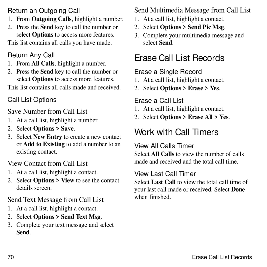 Kyocera S2300 manual Erase Call List Records, Work with Call Timers 