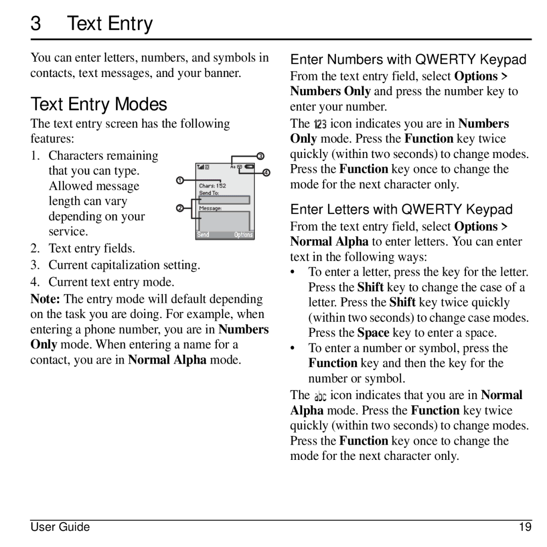 Kyocera S2300 manual Text Entry Modes, Enter Numbers with Qwerty Keypad, Enter Letters with Qwerty Keypad 