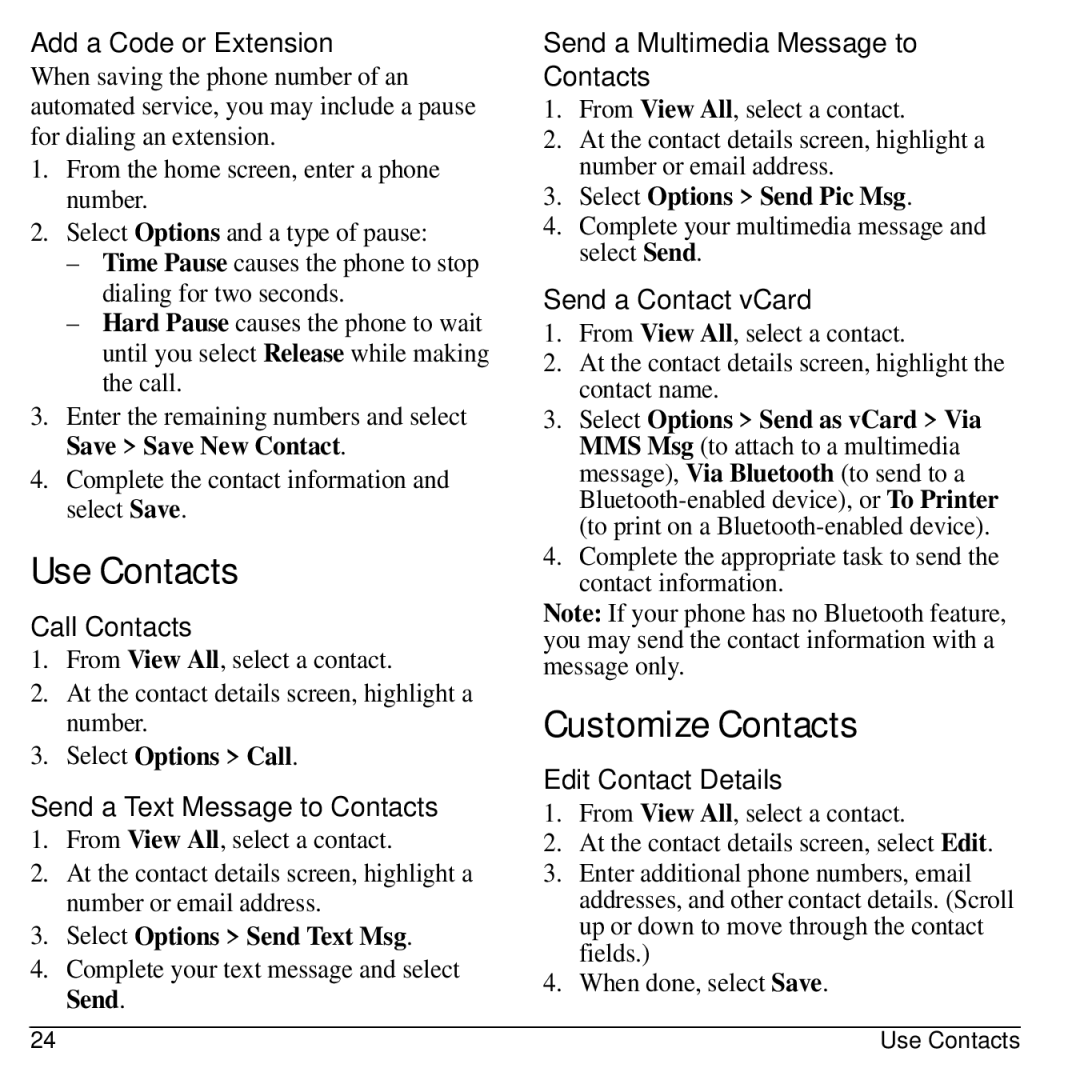 Kyocera S2300 manual Use Contacts, Customize Contacts 