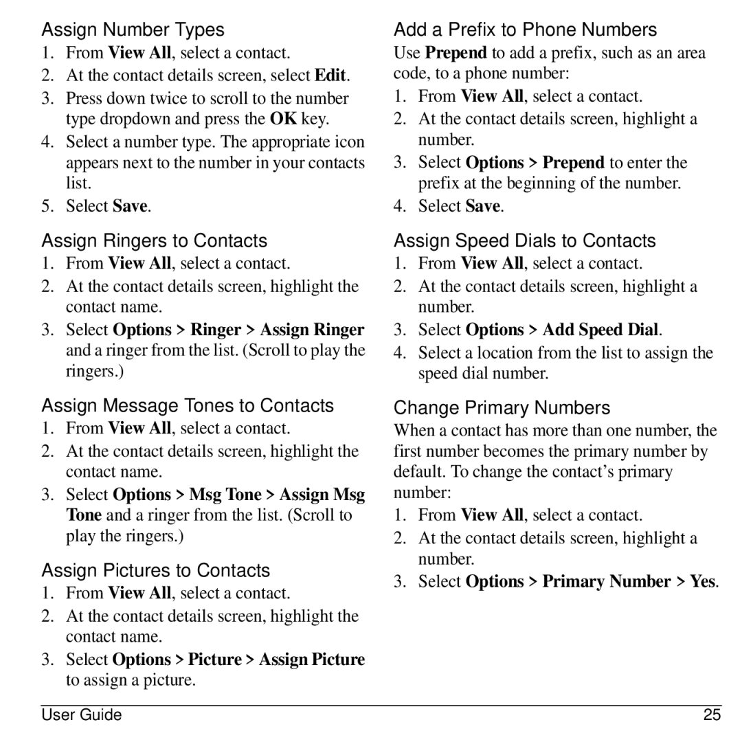 Kyocera S2300 Assign Number Types, Assign Ringers to Contacts, Assign Message Tones to Contacts, Change Primary Numbers 