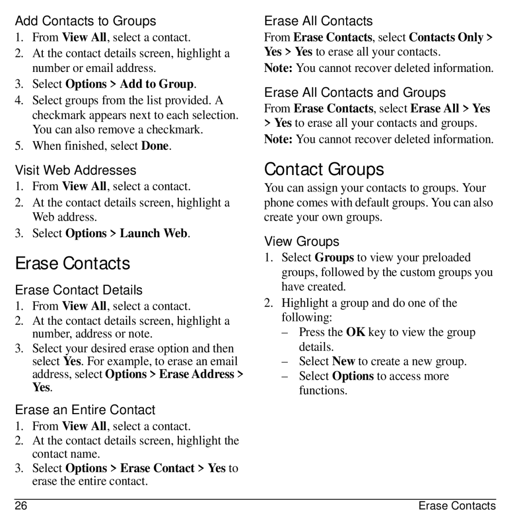 Kyocera S2300 manual Erase Contacts, Contact Groups 