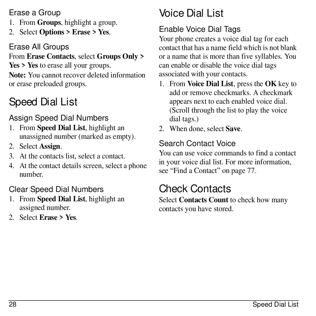 Kyocera S2300 manual Speed Dial List, Voice Dial List, Check Contacts 