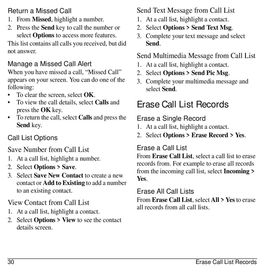 Kyocera S2300 manual Erase Call List Records 