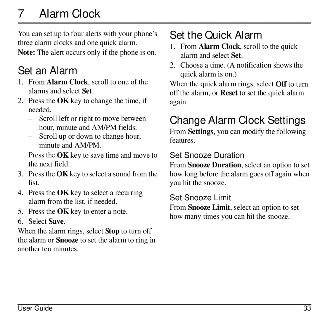 Kyocera S2300 manual Set an Alarm, Set the Quick Alarm, Change Alarm Clock Settings 