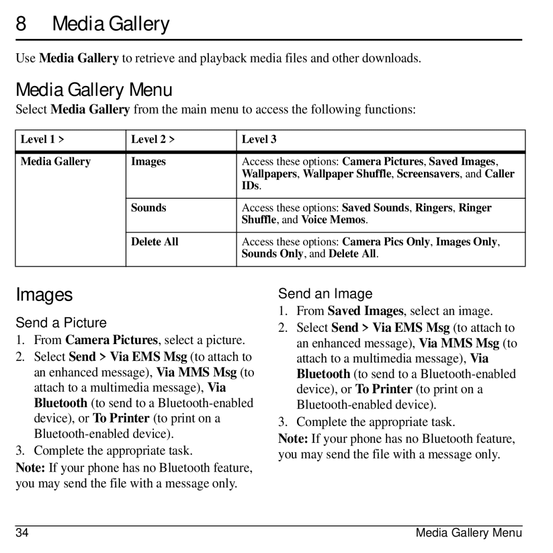 Kyocera S2300 manual Media Gallery Menu, Images, Send a Picture, Send an Image 