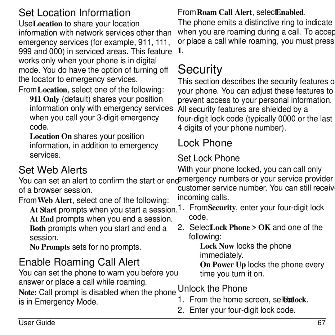 Kyocera S2300 manual Security, Set Location Information, Set Web Alerts, Enable Roaming Call Alert, Lock Phone 